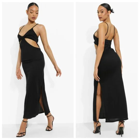 Boohoo Black Rib Knit Knot Front Cut Out Slit Maxi Dress Boohoo Black Rib Knit Knot Front Cut Out Slit Maxi Dress